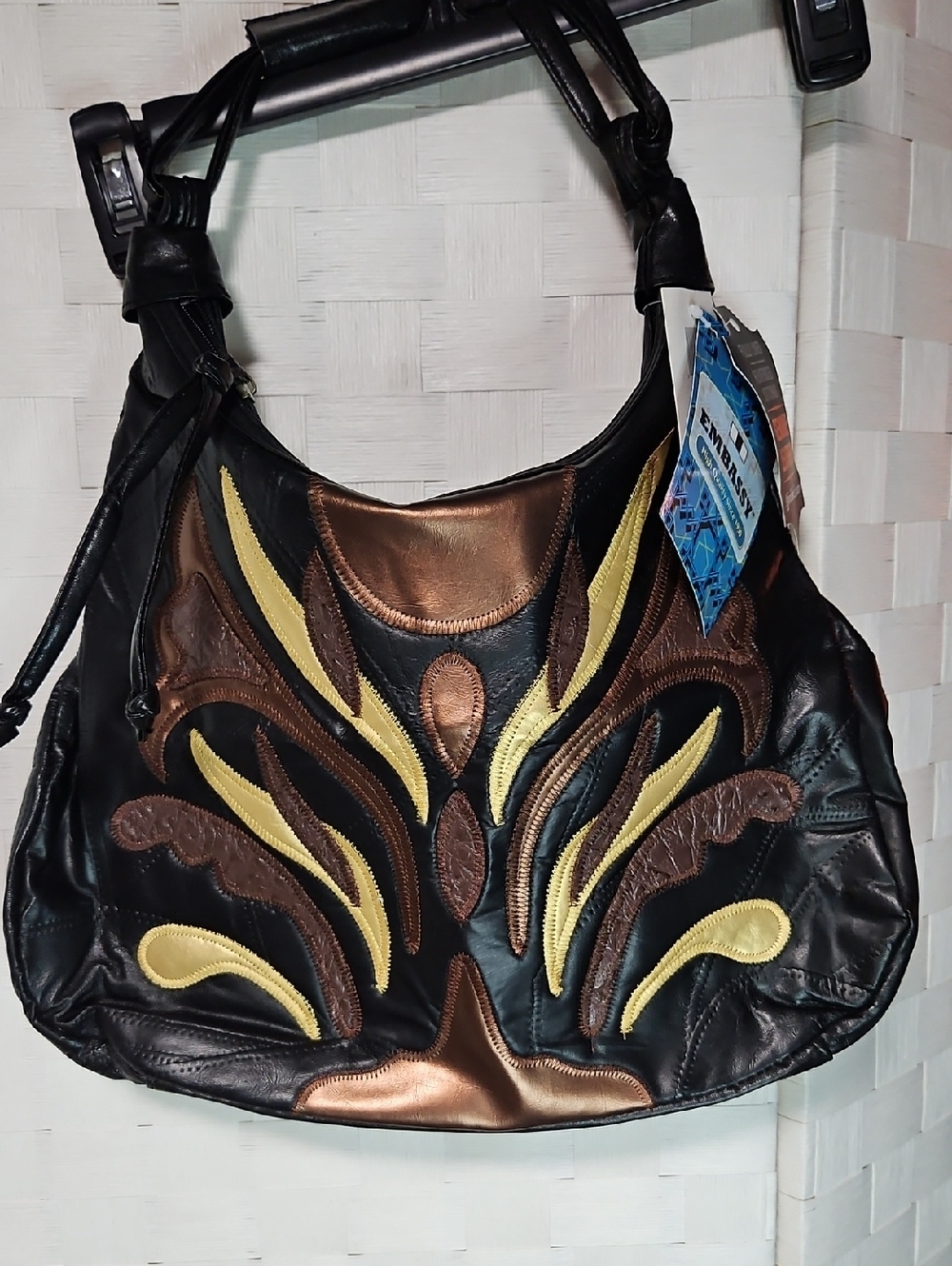 Embassy Black Leather Shoulder Bag with Bronze and Gold Appliqué